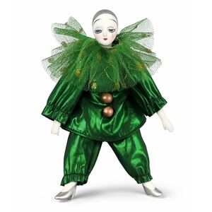 Vintage Porcelain Harlequin Clown Doll Emerald Green Metallic Jester Pierrot 7.5